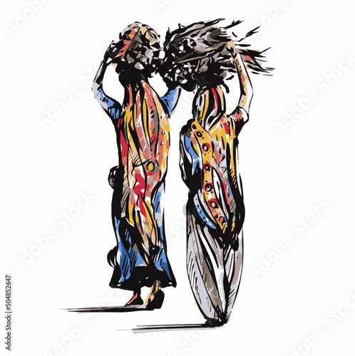 Sketch of sari woman carrying wood
