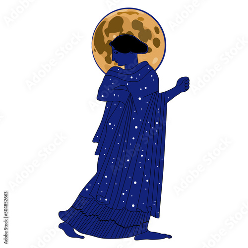 Ancient Greek woman as starry night with full moon as her nimbus. Goddess Selene or Nyx. Creative concept for lunar feminine energy. Isolated vector illustration. Female archetype.