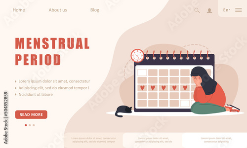Menstruation calendar shedule. Landing page template. Woman period. Female critical day problems. Sad islamic girl with pms. Vector illustration in flat cartoon style.