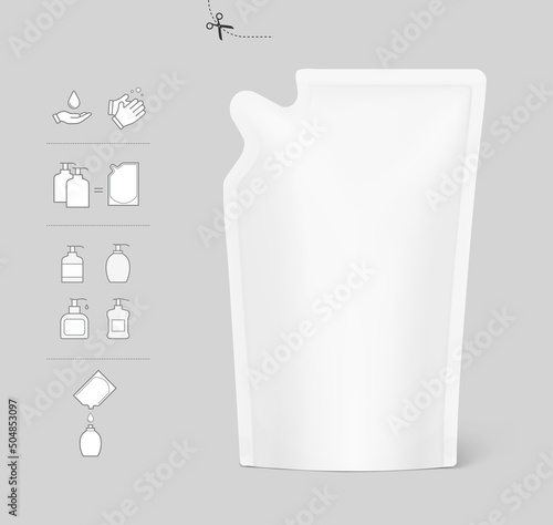 Pouch bag with curve corner. Vector illustration. Perfect for final pack shot. Can be use for refilling soap, liquids and other. EPS10.	