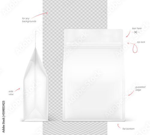 Realistic food bag. Front and side view. Suite for the presentation of coffee, food, for pets, household, etc. EPS10.