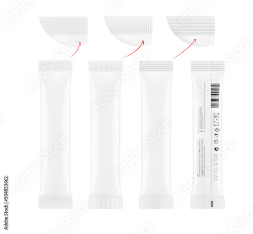Realistic stick pack with different seams mockup. For products of the food and cosmetic industry on white background. Possibility use for granulated, powder and liquid products. EPS10.