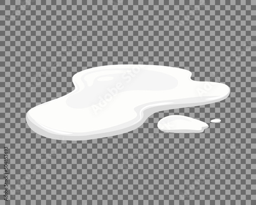 Milk spill on a transparent background. Puddle of white liquid, yogurt, mousse, ice cream or mayonnaise. Vector cartoon illustration. 