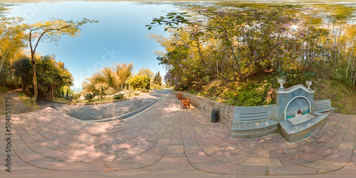 Botanical garden Georgia Batumi blue sky trees spring with 3D spherical panorama with 360 degree viewing angle Ready for virtual reality in vr Full equirectangular projection Beautiful background