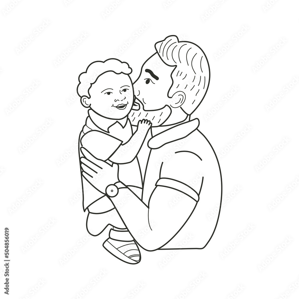Father and his child. Dad holds the baby in his arms and kisses him. Fatherhood in linear sketch style. Happy family. Monochrome vector illustration isolated on white background