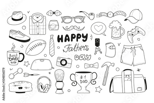 Happy Father's Day doodle icons set in sketch style. Hand drawn male items vector illustration isolated on white background