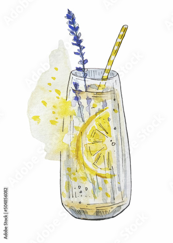 Watercolor vector clipart hand drawn illustration lemonade drink with lavender and lemon for menu or decoration