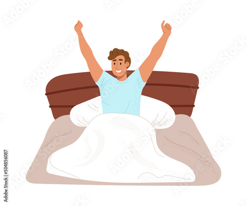 Happy young man waking up in the morning and stretching his arms up. Smiling guy siitting in bed. Color flat vector illustration isolated on white background