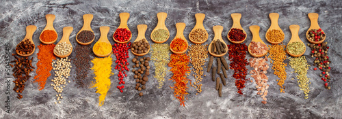 A set of spices on a gray background. Variety of spices from India. Food decoration design. Various spices, peppers and herbs close-up top view. Set of peppers, salt, herbs and spices for cooking.