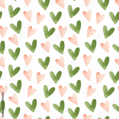 Pink and green hearts watercolor seamless pattern