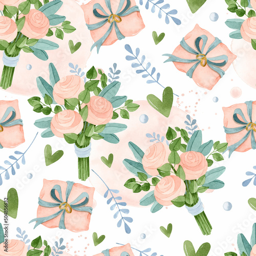 Bride's bouquet and golden rings on pillow watercolor seamless pattern