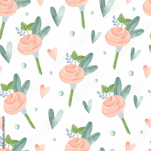 Rose boutonniere and hearts watercolor seamless pattern 