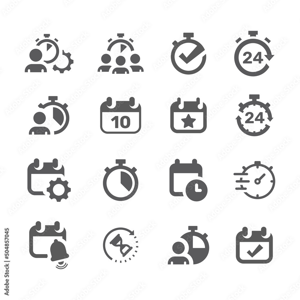 Date and time, calendar clock vector icon set. Man, manage hours filled icons. Date and time, calendar clock vector icon set. Man, manage hours filled icons.