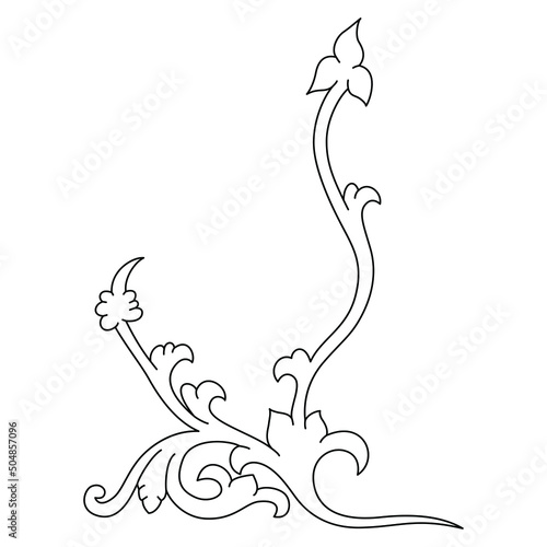 Vintage floral vignette. Stylized branch with leaves. Black and white linear silhouette.