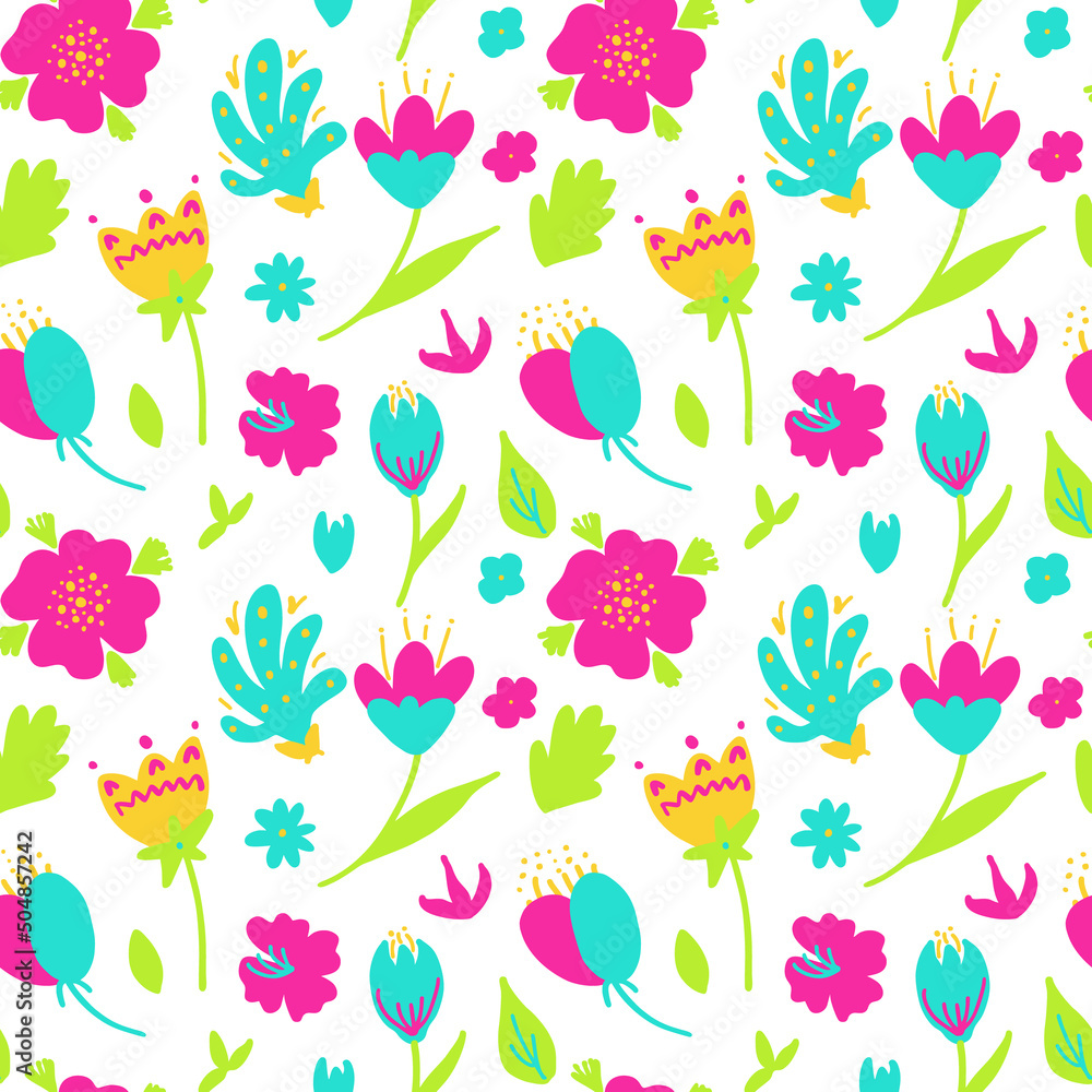 Floral seamless pattern background. Bright abstract flowers and leaves. Vector design for fabric, wrapping, package.