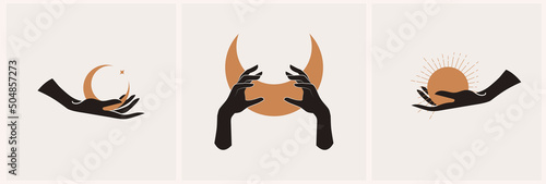 Mystical female hands logo in minimal linear style. Vector logo design. Templates with various hand gestures, moon, stars and crystals. For cosmetics, beauty, tattoo, spa, manicure, jewelry store