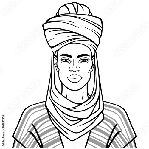 Animation portrait of beautiful African man in a turban. Monochrome linear drawing. Vector illustration isolated on a white background. 