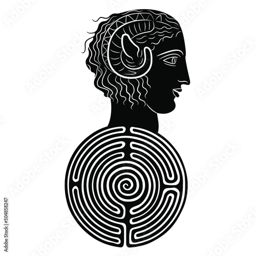 Head of a horned antique god on top of a round spiral maze or labyrinth symbol. Apollo Karneios. Ancient Greek mythology. Creative concept. Black and white silhouette.