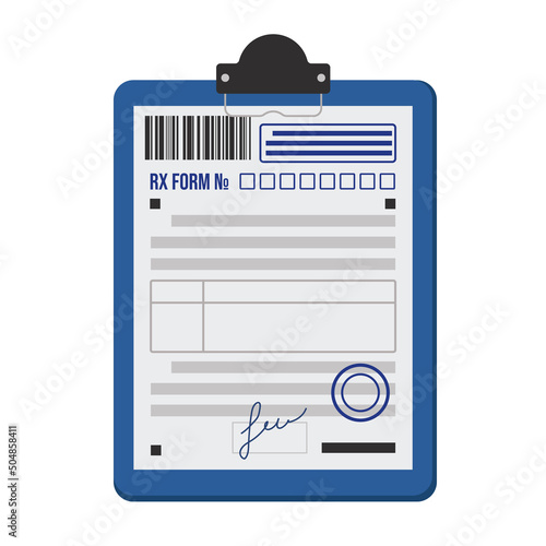 Pharmaceutical prescription form RX for medicines with a barcode. A sheet of paper with blue seals and stamps of a doctor on a stationery tablet. Vector illustration.