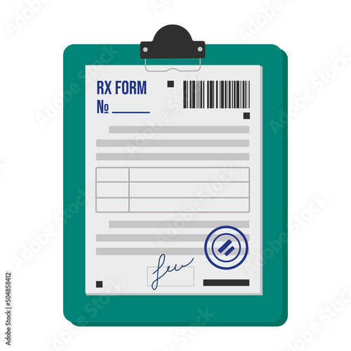 Pharmaceutical prescription form RX for medicines with a barcode. A sheet of paper with blue seals and stamps of a doctor on a green stationery tablet. Vector illustration.