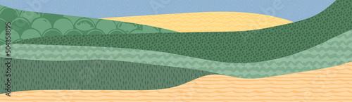 Abstract field or farm land landscape vector background illustration with texture. Minimalistic ecology collage, decorative farmland banner, rural countryside. Contemporary agro design, eco plantation