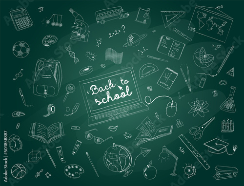 Back to school concept, with set of icons, symbols of education, science, school on the school chalk board. Doodle sketchy with school object collections. Vector illustration