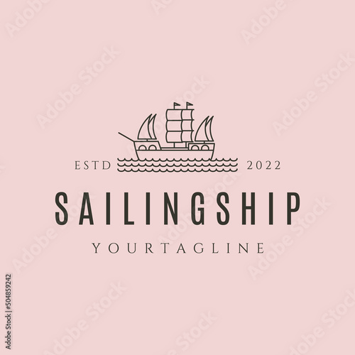 sailing ship on the sea line art logo vector symbol illustration design