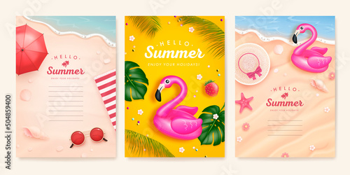 Set of poster, banner, cover or greeting card design template with realistic summer elements on a beach background