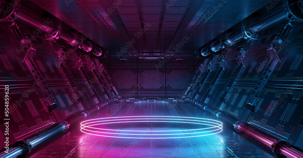 Blue and pink spaceship interior with glowing neon lights podium on the floor. Futuristic corridor in space station with circles background. 3d rendering - obrazy, fototapety, plakaty 