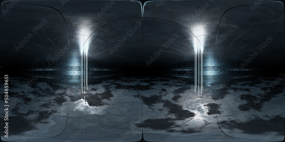 Obraz premium Futuristic neon lights interior Hdri. 360 panoramic view of a cyber garage room hangar with sci fi glowing tubes. Vr projection of dark tunnel warehouse with metal panels wall. 3d Rendering