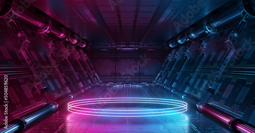 Fotografie, Obraz Blue and pink spaceship interior with glowing neon lights podium on the floor