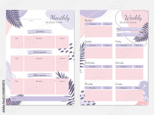 A set of planning sheets for expense recording and budgeting. Personal monthly and weekly budget planner in A4 format. Finances, income and expenses. Ready for printing.