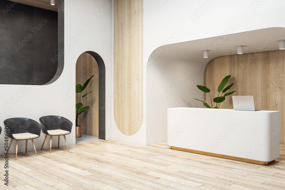 Side view on white reception table and black chairs in spacious light waiting area with wooden floor and wood decorated walls. 3D rendering, mockup - obrazy, fototapety, plakaty 