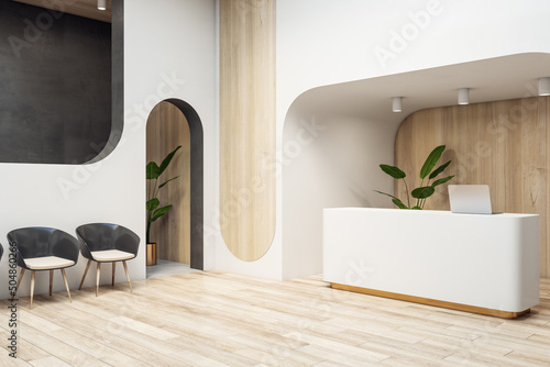 Side view on white reception table and black chairs in spacious light waiting area with wooden floor and wood decorated walls. 3D rendering, mockup photo