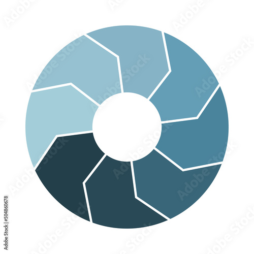 Lifecycle circulation icon with 8 arrows. Eight thick parts spin infograph. Navy steel blue circle infographics.