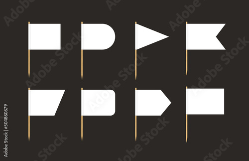 Toothpick flags. Blank flag on wooden stick. Wood toothpick with white paper banner for food and cocktail decoration. Different forms of pennant. Realistic 3d vector isolated on black background.