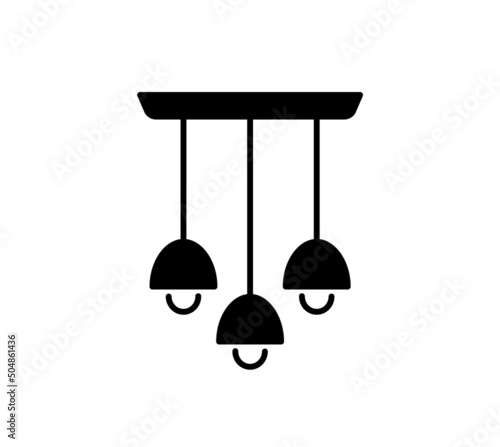 Modern pendant lamp with 3 lights. Vector flat silhouette icon. Industrial ceiling light fixture for dining, living room, kitchen, island area. Indoor decor element. Isolated object