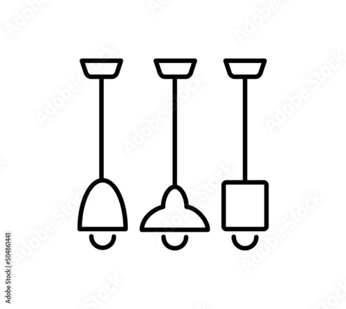 Mini pendant lamps. Vector line icon. Modern ceiling light fixture for kitchen, dining room, island area. Interior decor element. Isolated object