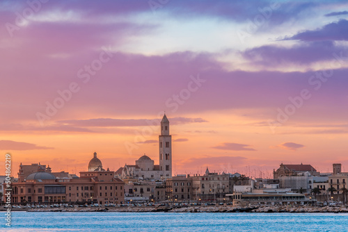 Panoramic view of Bari, Southern Italy, the region of Puglia(Apulia) seafront at Sunset. Basilica San Nicola in the background.  © Marius Igas