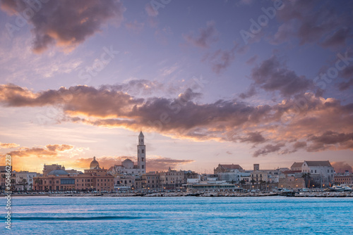 Panoramic view of Bari, Southern Italy, the region of Puglia(Apulia) seafront at Sunset. Basilica San Nicola in the background. 