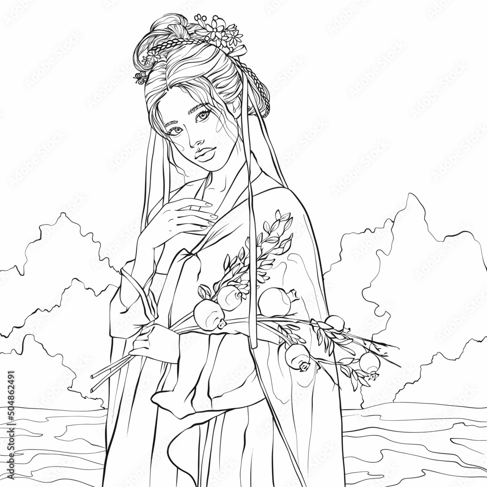 Coloring page for adult, Hand-drawn fashion illustration of imaginary Asian beautiful model, with flowers, Color book page.