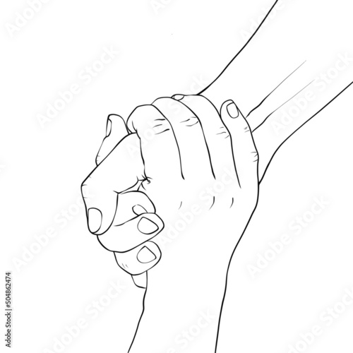 The line-art of two hands holds each other tight