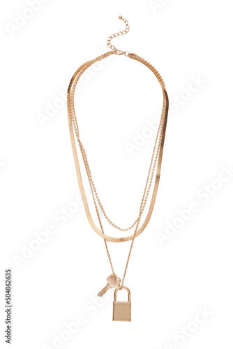 Close-up shot of a set of three necklaces includes a choker and a longer layered necklace centered with a key and lock pendants. The necklace with a lobster clasp is isolated on a white background.