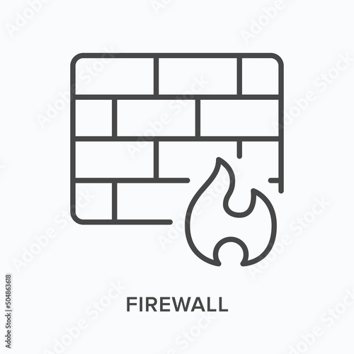 Firewall flat line icon. Vector outline illustration of wall and flame. Black thin linear pictogram for internet security