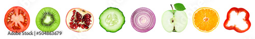 Collection of isolated color fruits and vegetables on white background.