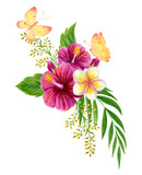 Tropical bouquet. Watercolor painting with pink Chinese Hibiscus rose flowers and butterflies isolated on white background. Floral summer composition. Design element.