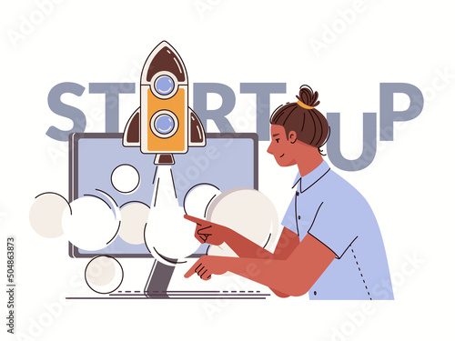 Ambitious young man launches rocket. Concept of developing startup. Search for new opportunities for business growth, successful strategies. Vector characters flat cartoon illustration.
