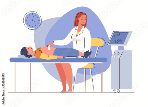 Concept of healthcare, pediatrics. Doctor of ultrasound diagnostics conducts examination of child's organs. Character flat cartoon illustration. Vector.
