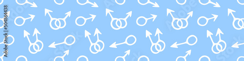 Vector seamless pattern of symbols of mars, male gender icons in doodle style. Man love combinations. Texture of theme of LGBTQ, gay love, pride, homosexual