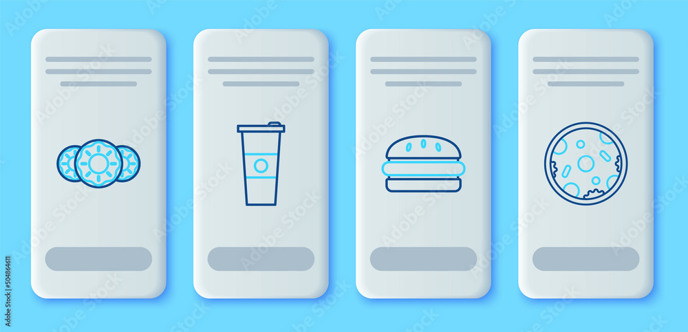 Set line Paper glass and water, Burger, Donut with sweet glaze and Pizza icon. Vector